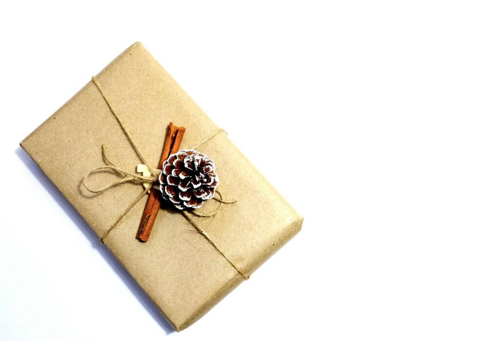 Minimalist eco-friendly Christmas gift wrapped with kraft paper, pine cone, and cinnamon stick.